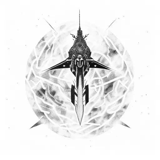 A blackwork tattoo of a dragon spaceship flying over a galaxy inspired by Game Of Thrones and Star Wars tattoo design idea
