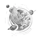 A sketch-style tattoo of a spaceship exploring a mystical land inspired by Interstellar and Game Of Thrones tattoo design idea