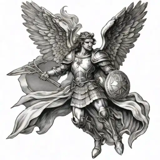 A realistic image of the archangel Michael in battle armor, wielding a sword and shield, descending from heaven tattoo design idea