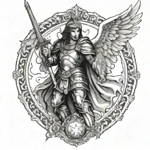A realistic image of the archangel Michael in ornate battle armor, wielding a sword and shield, descending from heaven tattoo design idea