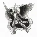 A modern interpretation of the archangel Michael in battle armor, wielding a sword and shield tattoo design idea