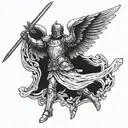 A modern interpretation of the archangel Michael in battle armor, wielding a sword and shield tattoo design idea