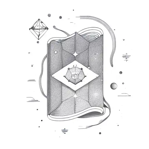minimalistic, thin lined, geometrical, opened magic book in wooden case, elements, cassiopeia star constellation, space tattoo design idea