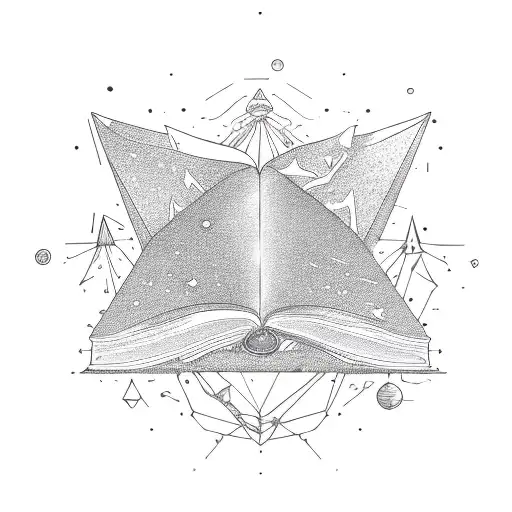 minimalistic, thin lined,  opened magic book with flame hovering over it, cassiopeia star constellation, space shapes tattoo design idea