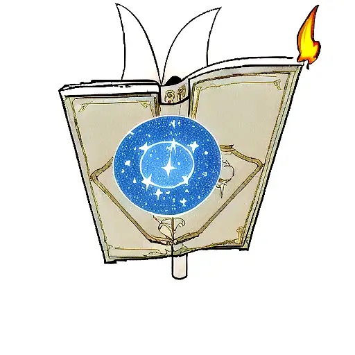 minimalistic, thin lined,  opened magic book with flame hovering over it, cassiopeia star constellation, space shapes tattoo design idea