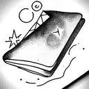 minimalistic, thin lined,  opened magic book with flame hovering over it, cassiopeia star constellation, space shapes tattoo design idea