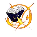 minimalistic, thin lined,  opened magic book with flame hovering over it, cassiopeia star constellation, space shapes tattoo design idea