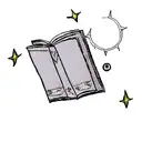 minimalistic, thin lined,  opened magic book with flame hovering over it, cassiopeia star constellation, space shapes tattoo design idea