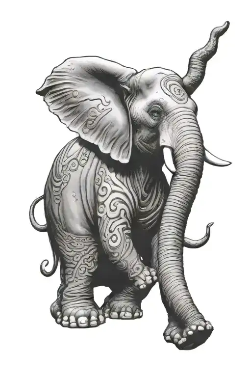 full frontal elephant with left ear a tree right ear Buddha tattoo design idea