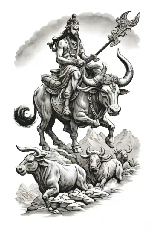 mahadev riding nandi bull infront of kedarnath tattoo design idea