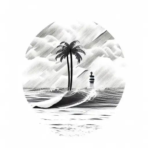 ocean palm tree light house waves  tattoo design idea