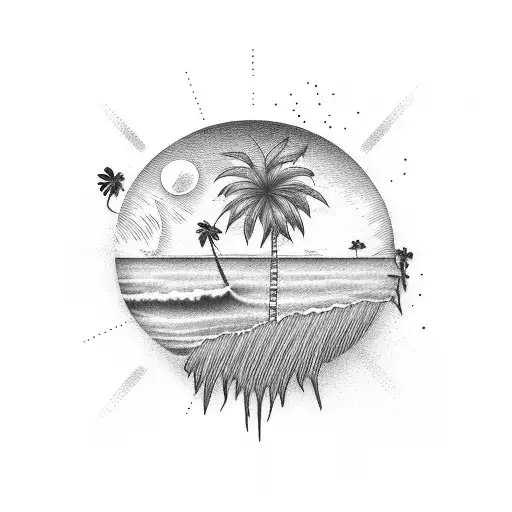 An abstract representation of a sunset over the ocean with palm trees in the foreground tattoo design idea