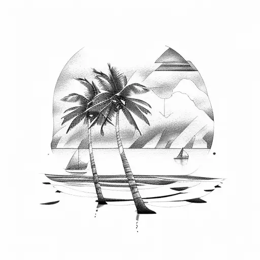 A serene ocean scene with palm trees swaying in the breeze tattoo design idea