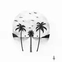 An abstract representation of a sunset over the ocean with palm trees in the foreground tattoo design idea