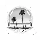 An abstract representation of a sunset over the ocean with palm trees in the foreground tattoo design idea