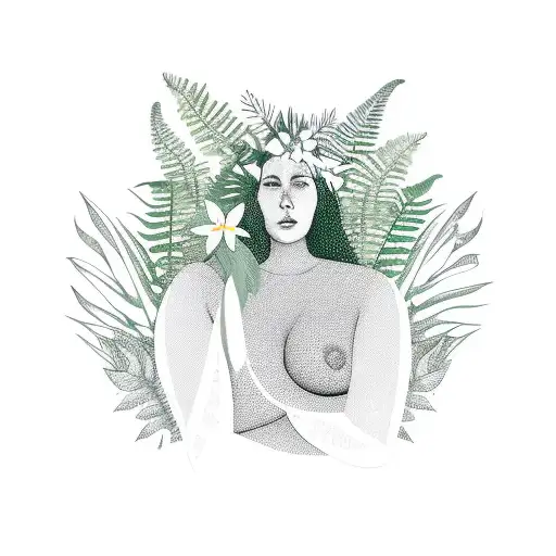 curvy womans figure outlined & surrounded by ferns, wild flowers, tropical leaves. It represents wild woman and mother e tattoo design idea