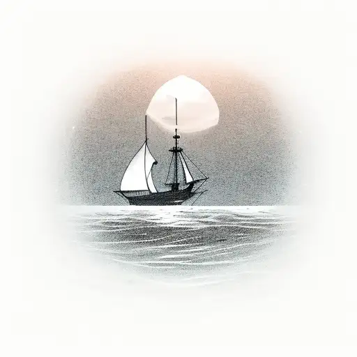 A serene seascape with a ship silhouette sailing towards a glowing horizon, symbolizing new adventures tattoo design idea