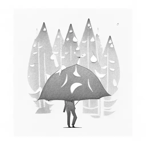 A mysterious silhouette of a person walking through a dark forest in the rain tattoo design idea
