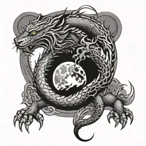 Dragon and Tiger Around Full Moon  tattoo design idea