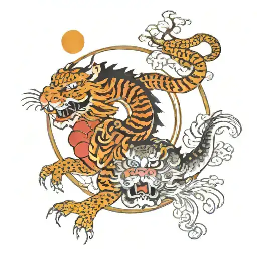 Dragon and Tiger Around Full Moon  tattoo design idea
