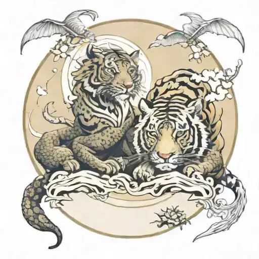 a Dragon and a Tiger Around Full Moon  tattoo design idea