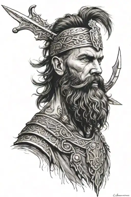 Bearded ostrogoth warrior from chest up. intelligent but fierce tattoo design idea