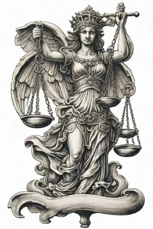 lady justice with scales in one hand and a sword in the other. tattoo design idea