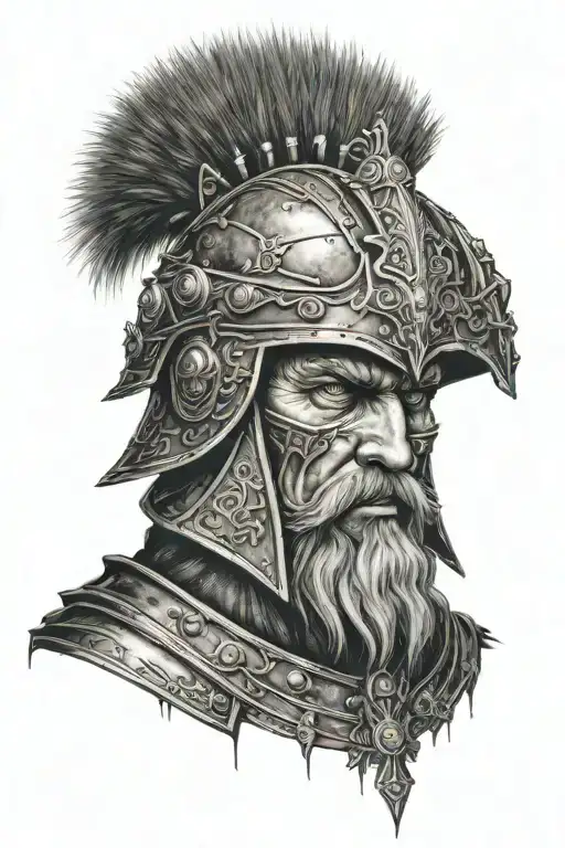 goth warrior with helmet. seasoned with grey beard. intelligent but fierce. looks to be in fifties  tattoo design idea