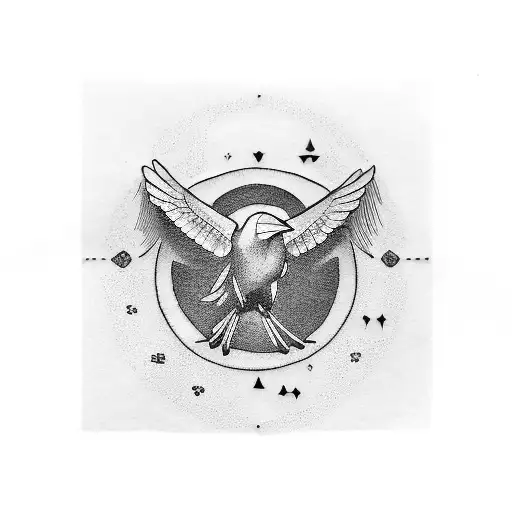 A blackwork tattoo of a crow perched on a ouija board planchette tattoo design idea