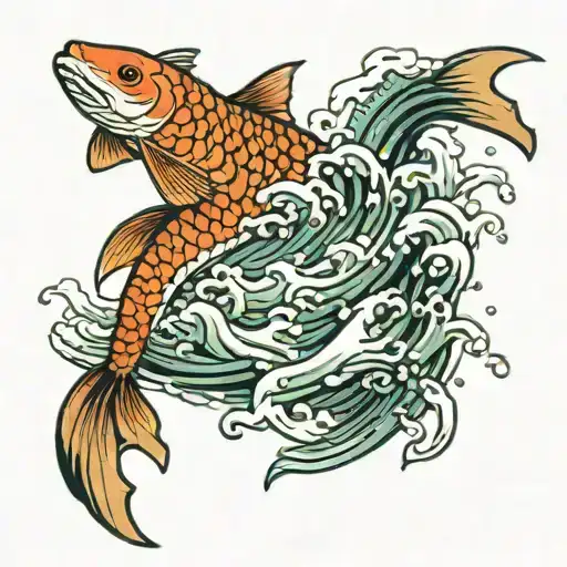 great waves+van gogh+koi fish swimming tattoo design idea