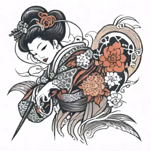 geisha stabbing a heart beat line tattoo design idea
