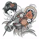 geisha stabbing a heart beat line tattoo design idea