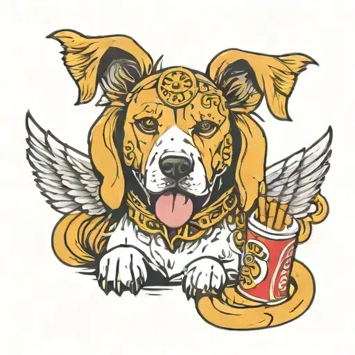 dog with wings and a cigarette chain gold and hot dog tattoo design idea