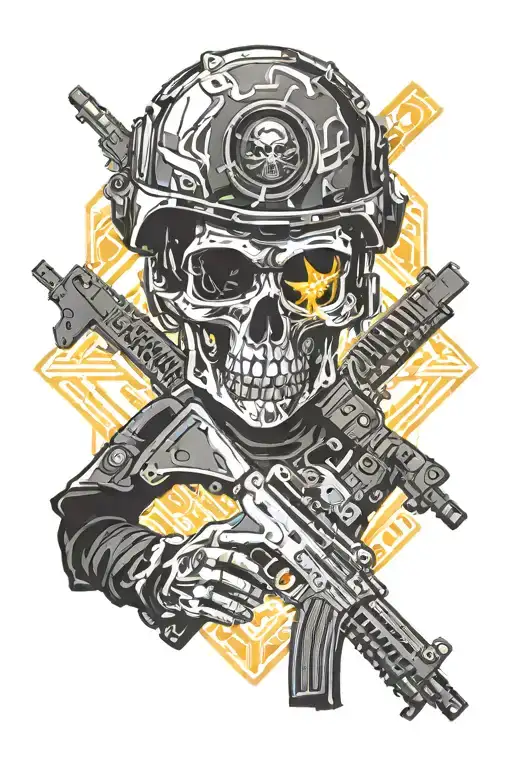 soldier with AK 47 assault rifle skull and demon fire Russian flag tattoo design idea