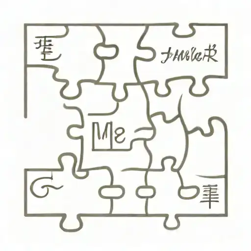 A minimalist design of a puzzle piece with the father, wife, daughter, and son's names on each piece, symbolizing how they fit together perfectly as a family tattoo design idea
