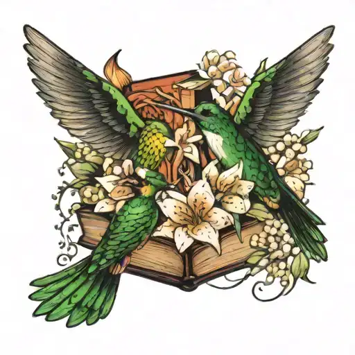 books surrounded by florals with hummingbird and lilies of the valley  tattoo design idea