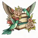 books surrounded by florals with hummingbird and lilies of the valley  tattoo design idea