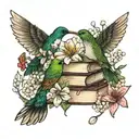 books surrounded by florals with hummingbird and lilies of the valley  tattoo design idea