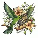 books surrounded by florals with hummingbird and lilies of the valley  tattoo design idea