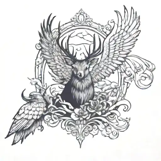 I wanna make story on the back where is devil with angel wings, cartoon deer Bambi and Montenegrin eagle tattoo design idea