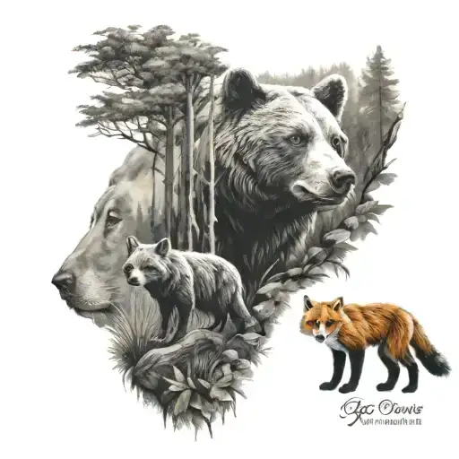 Forest themed half sleeve with bear and fox tattoo design idea