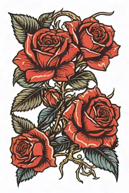 ocan, mountains, and desert elements, roses intertwined throughout, bold blue, red, and black tattoo design idea