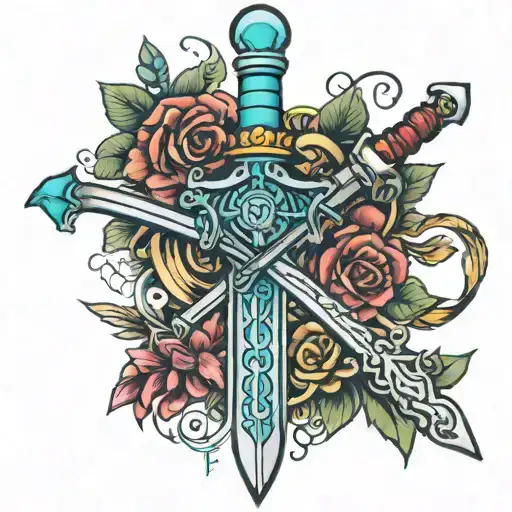 Broken turquoise sword merges into one sword tattoo design idea