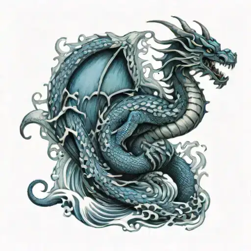 A dragon made of blue water waves practicing karate tattoo design idea
