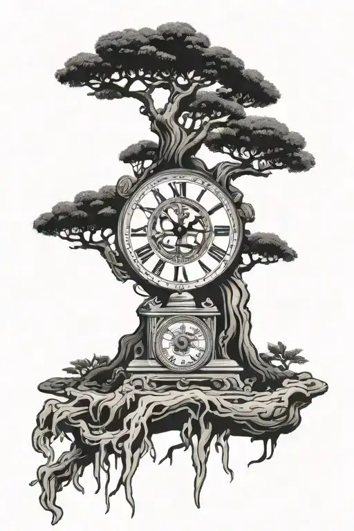 A traditional Japanese bonsai tree with intricate clock gears as its roots tattoo design idea