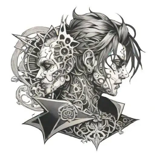 A portrait of an immortal figure with intricate d gray man-inspired tattoos, blending elements of fantasy and darkness tattoo design idea