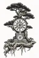 A traditional Japanese bonsai tree with intricate clock gears as its roots tattoo design idea