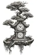 A traditional Japanese bonsai tree with intricate clock gears as its roots tattoo design idea