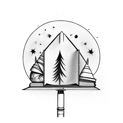 an open book with a telescope pointing to the sky coming out of its pages  tattoo design idea