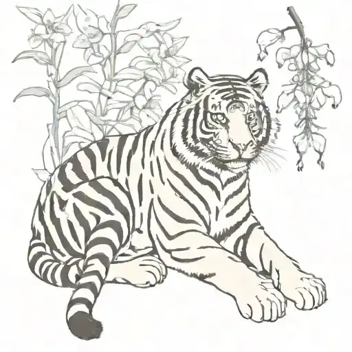 Tiger sitting with bell flowers tattoo design idea